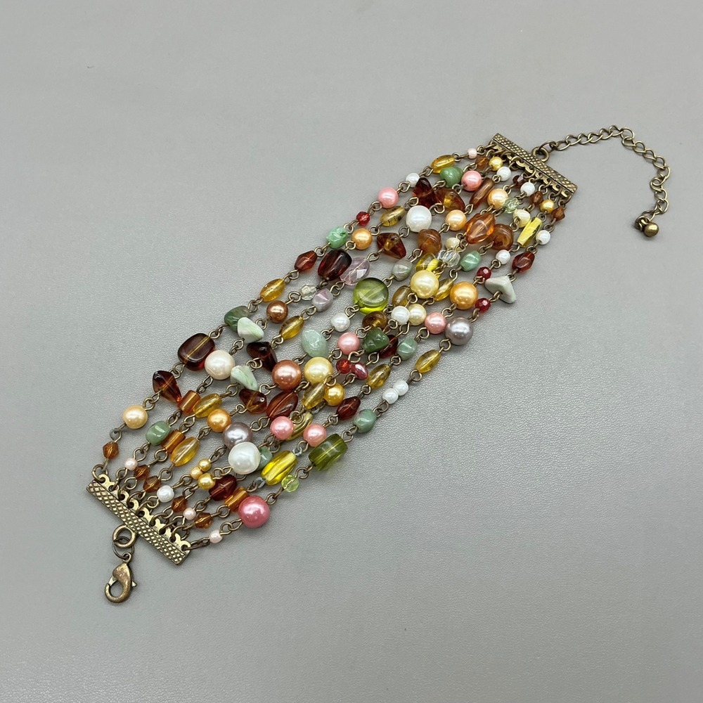 Multi Strand Beaded Bracelet Womens Multicolor Faux Pearl Glass Brass Boho 8"